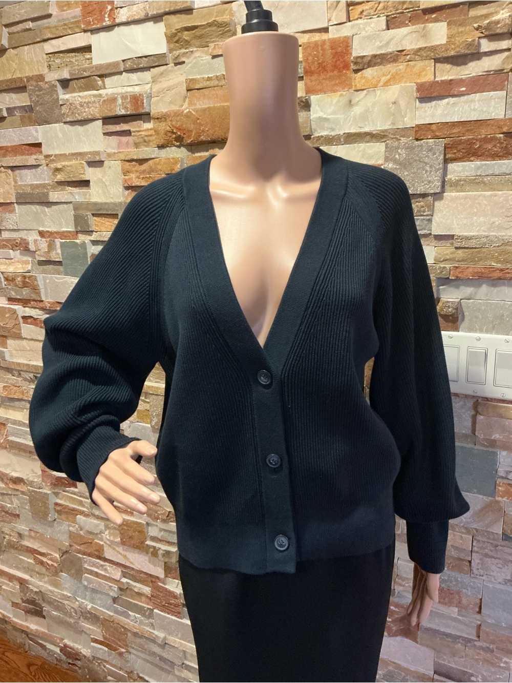 COS Black V-Neck Button-Front Ribbed Cardigan